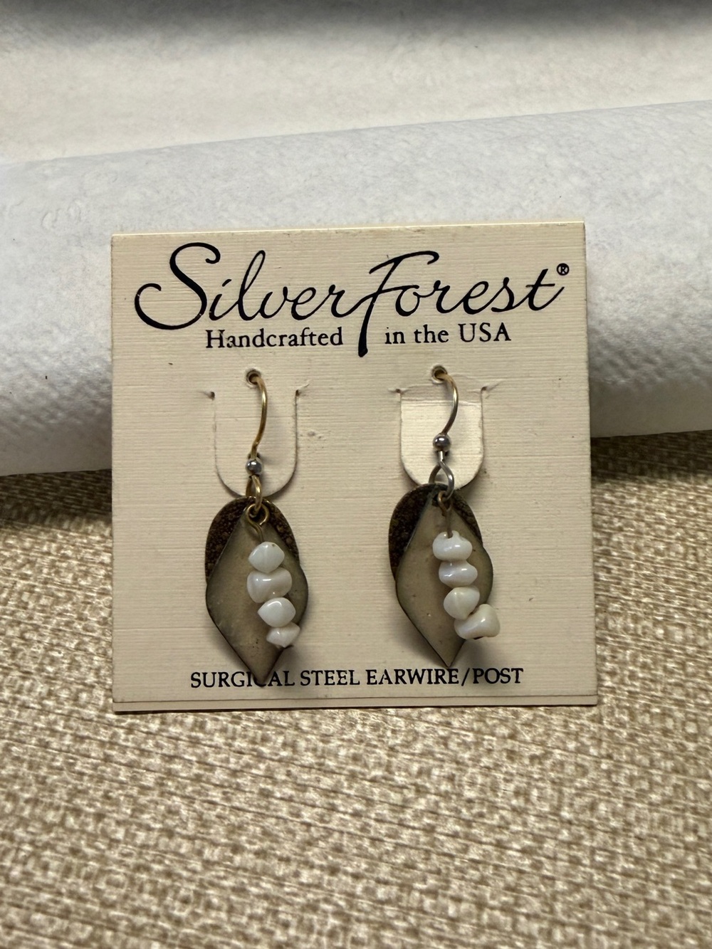 Silver Forest White Bead Leaf Dangle Earrings